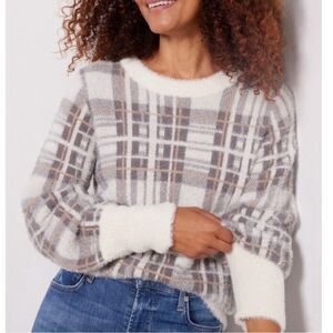 EVEREVE Marion Plaid Eyelash Sweater Gray Cream Large
